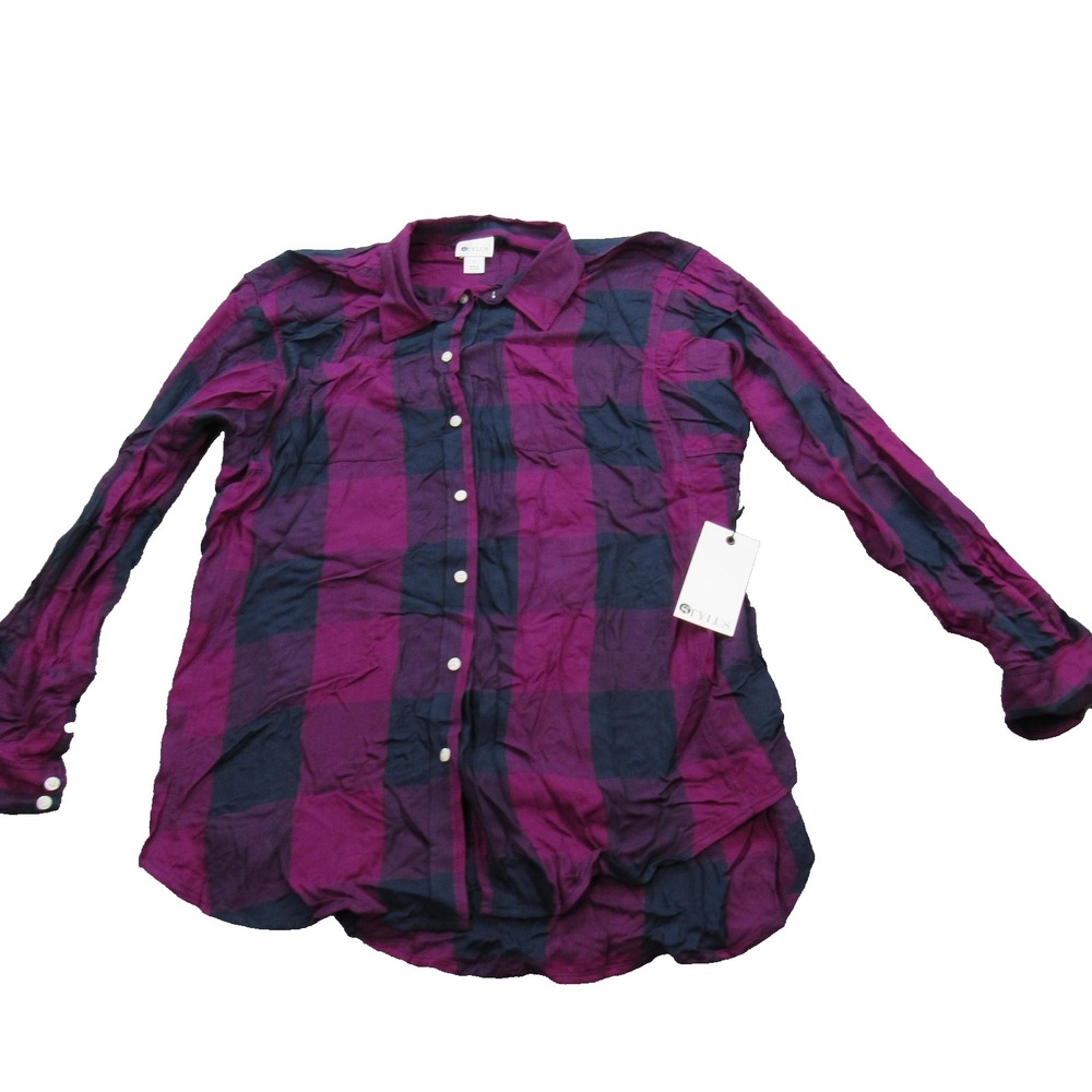 Stylus Shirt Womens Large Buffalo Plaid Button Up Purple Navy Rayon Pocket New